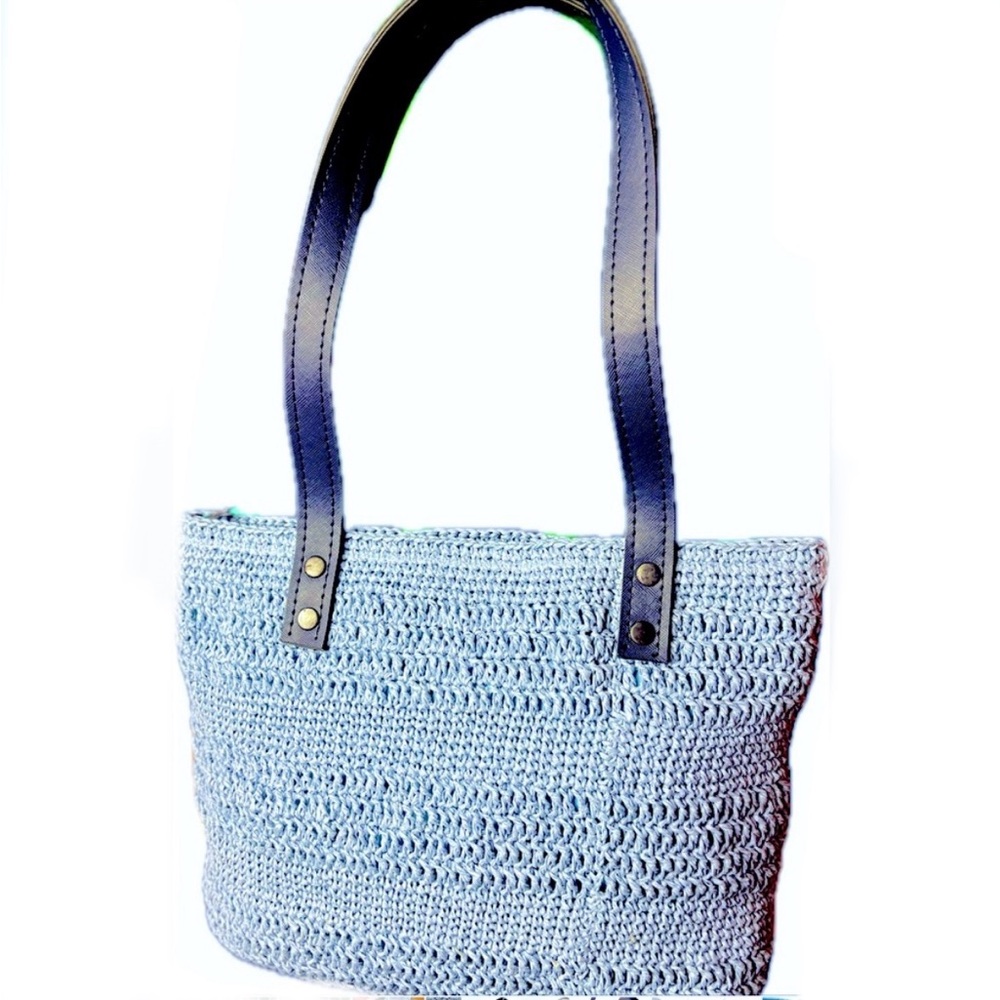 NWOT powder blue crochet hemp style zippered over shoulder purse vegan leather